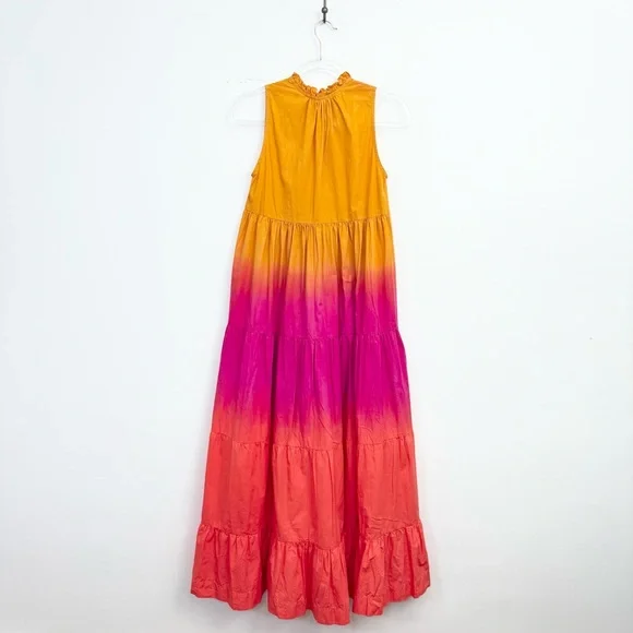 SWF Sunset Ombré Tiered Cotton Maxi Dress Ruffle Neck Boho Resort XS - Picture 4 of 5